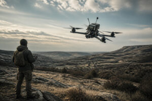 Drone et pilote en terrain rural tactique