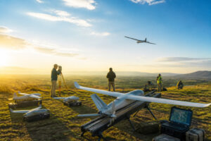 Flotte de drones delair au soleil couchant