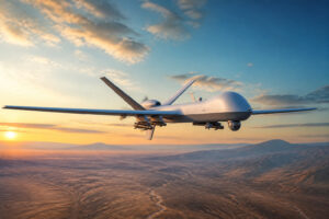 Drone mq 9 reaper en vol au coucher du soleil