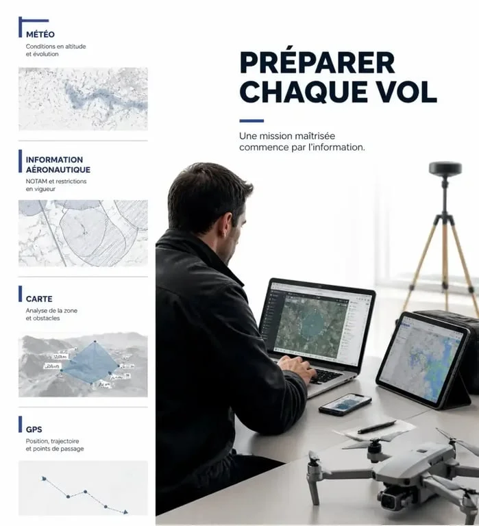 Mach7 Drone en situation de préparation de vol sur ordinateur portable et tablette