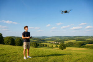 Jeune homme pilotant un drone dans la campagne