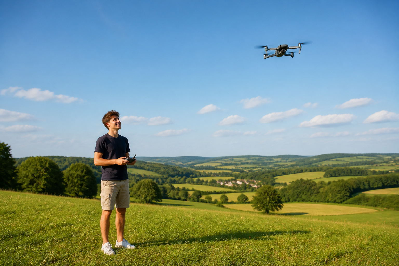Jeune homme pilotant un drone dans la campagne