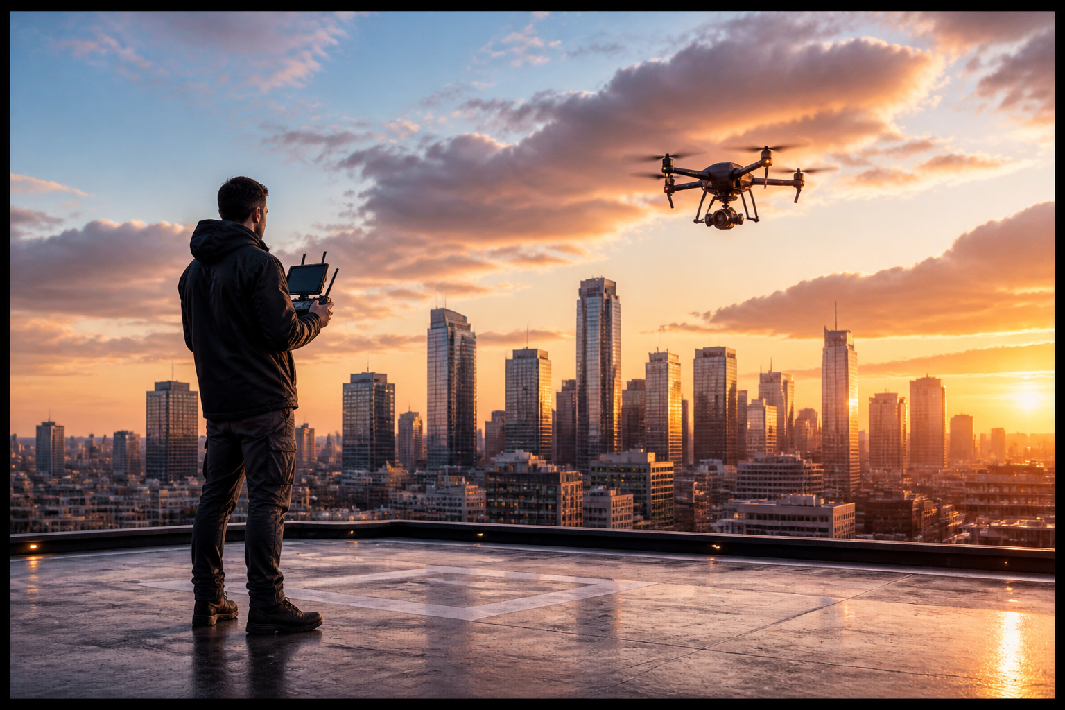 Pilote de drone dans un paysage urbain au coucher du soleil