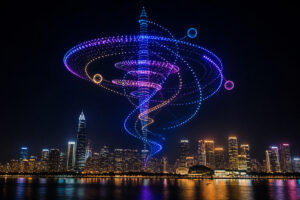 Spectacle de drones lumineux au dessus dune ville